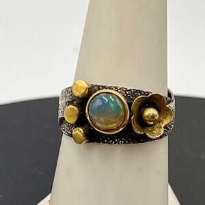 Artisan Pebbled Sterling Silver and Brass 6mm Opal Cabochon Floral Ring Sz 9